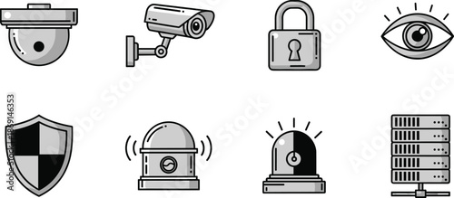 Security icons, dome camera, bullet surveillance, padlock, monitoring eye, shield protection, alarm siren, beacon alert, server rack, cybersecurity, safety system, vector illustration
