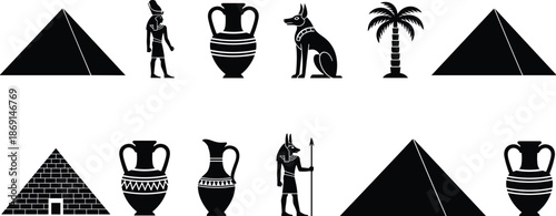 Ancient Egypt icons, pyramid, Anubis, amphora, palm tree, Egyptian culture, historical symbols, mythology, archaeology, vector illustration, heritage art