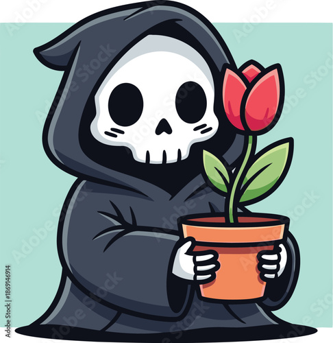 A friendly and whimsical cartoon grim reaper, cloaked in black, gently holds a vibrant red tulip in a small terracotta pot.