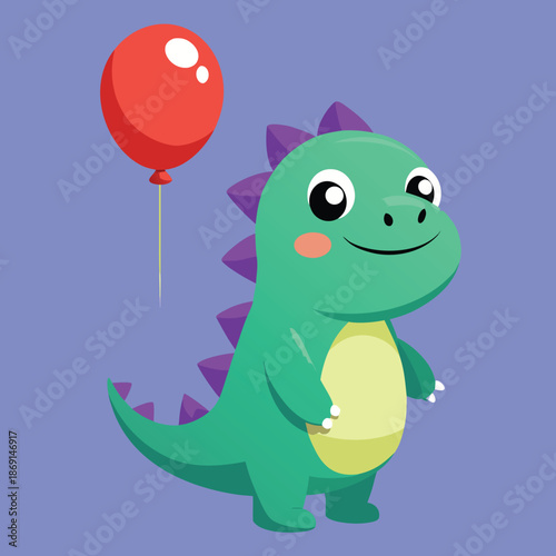 Cute green cartoon dinosaur smiling happily with a red balloon