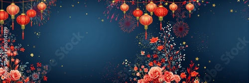 Vibrant Chinese New Year festive banner with red lanterns, blooming flowers, and fireworks on a deep blue background
