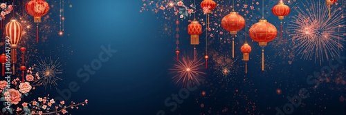 Chinese New Year Background with Red Lanterns, Firecrackers, and Cherry Blossoms on Blue
