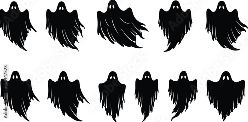 Halloween ghost silhouettes, spooky black spirits, eerie floating shapes, haunted horror icons, creepy phantom figures, scary Halloween decorations, spectral shadows