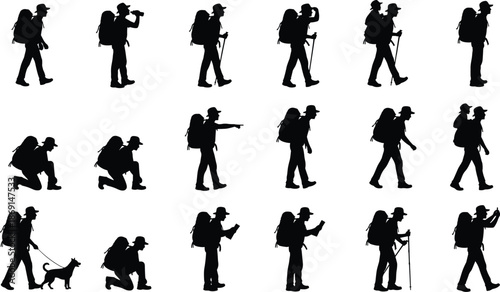 Hiking silhouettes, outdoor adventure, backpackers, trekking poses, wilderness exploration, nature journey, camping activity, trail walking, teamwork, scenic travel inspiration