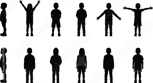 Silhouettes of diverse children in various postures, standing, jumping, stretching, showcasing body language, fashion styles, and playful movement expressions.