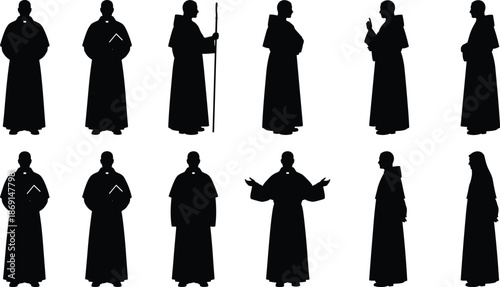 Silhouettes of monks, priests, nuns, religious figures, spiritual robes, sacred gestures, symbolic attire, black silhouettes, clerical icons, faith symbols