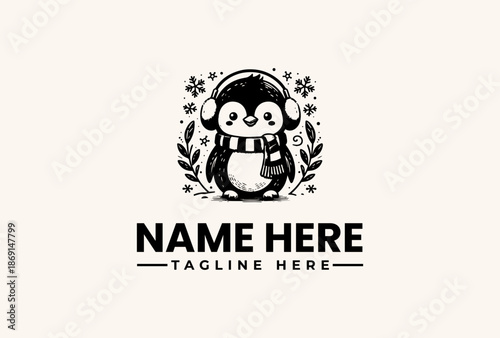 Free Download A black and white illustration of a penguin wearing headphones surrounded by flowers and leaves with a logo and tagline text on a clean white background. - GFXLoad