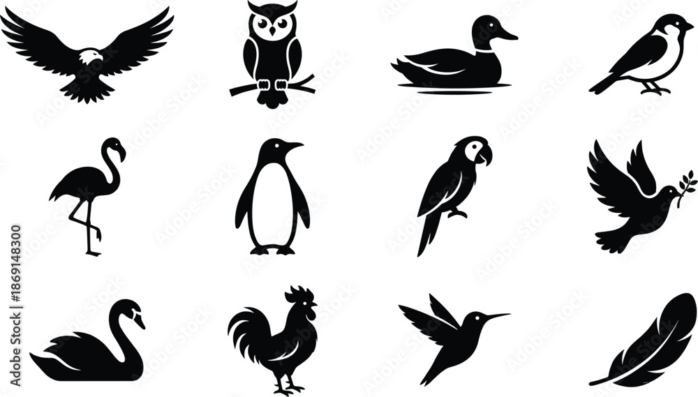 Fototapeta premium Bird Silhouettes Vector Icon Set, eagle, owl, penguin, parrot and flying dove design