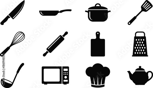 Kitchen Utensils Silhouette Vector Icon Set, knife, pan, pot, whisk, rolling pin and chef hat design