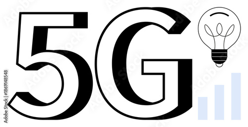 Innovation, mobile networks, faster communication, technology development, data transmission, connectivity. 5G text with a light bulb and signal bars. Innovation and mobile networks concept