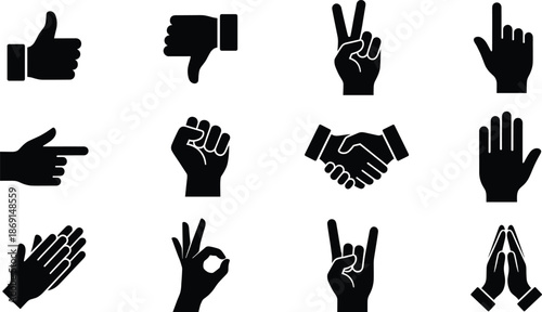 Hand Gestures Silhouette Vector Icon Set, thumbs up, handshake, OK sign, rock hand and praying hands design
