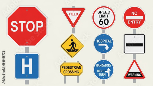 Collection of road and traffic signs for safety and navigation