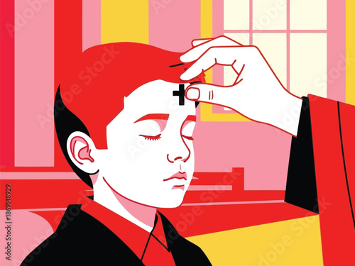 A vibrant close-up illustration of a hand applying ashes to a young boy’s forehead on Ash Wednesday