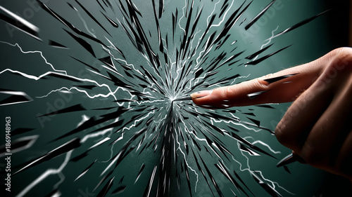 Futuristic Finger Touch Triggering Shattered Glass Explosion with Electric Lightning Effects