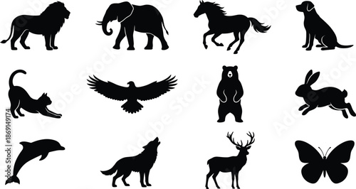 Animal Silhouettes Vector Icon Set, lion, elephant, dog, horse, wolf and wildlife nature design