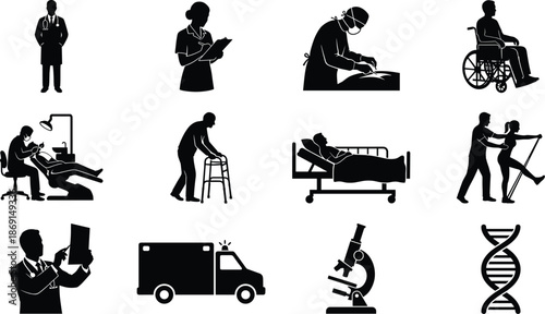 Medical Healthcare Silhouette Vector Icon Set, doctors, nurses, patients, ambulance and hospital design