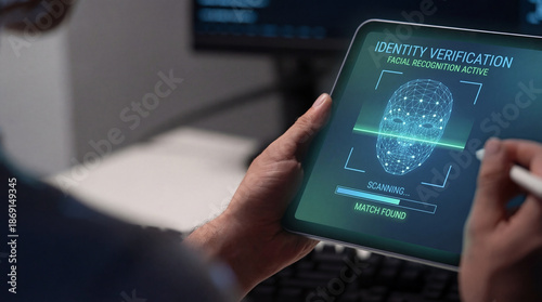 Identity verification facial recognition active scanning match found on tablet screen held by person using stylus in office environment