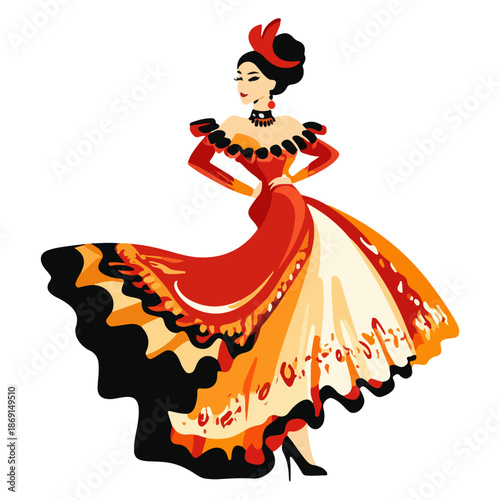 costumes, dance, spain, seville spring festival, celebration, vector, transparent background, woman, dress, beauty, fashion, lady, dancing, costume, dancer, traditional, person, clothing, culture, sty