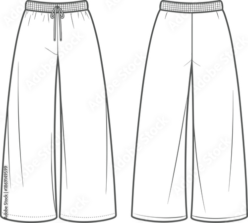 Technical Flat Sketch of Men Bomber Jacket Fleece Pullover Henley Shirt T-shirt Military Shirt Jeans and Wide Leg Drawstring Pants