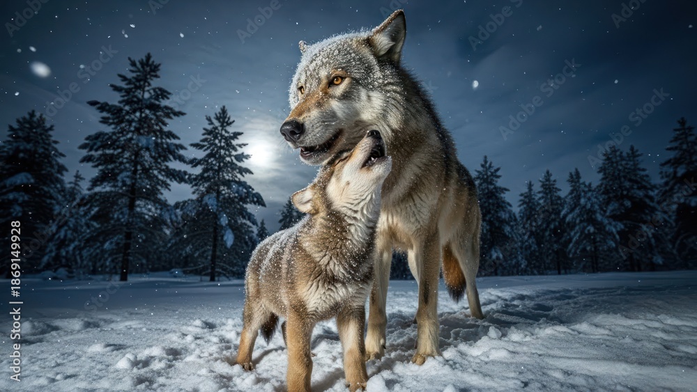Obraz premium A large wolf nuzzles a smaller wolf in a snowy forest under a starry night sky with a full moon.