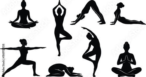 Yoga Poses and Meditation Silhouette Icons Set - Asanas, Stretching, and Wellness Vector Illustration
