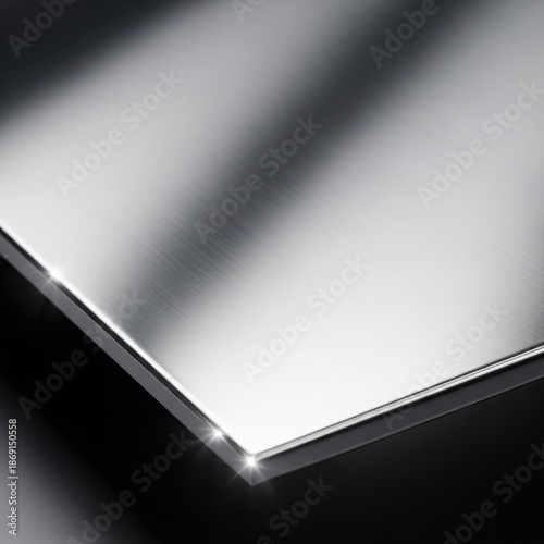 Close up of brushed silver metallic panel with light reflection and sharp edge brushed metal metallic texture
