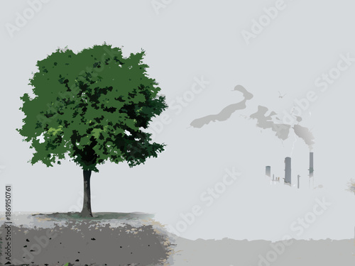 A solitary green tree stands near industrial smokestacks in a hazy landscape