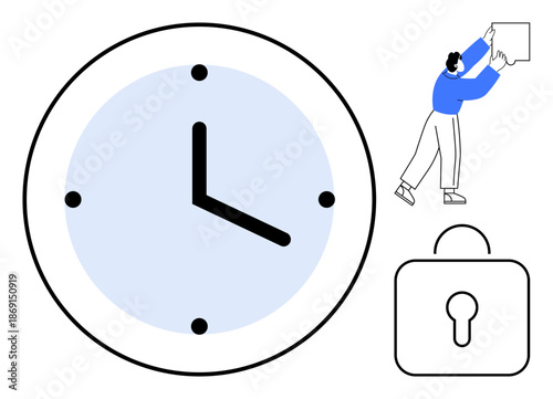 Time management concept. Clock scheduling and efficiency, with a lock security. Time management aids organization, productivity, and secure planning. For business, workflow, education apps personal