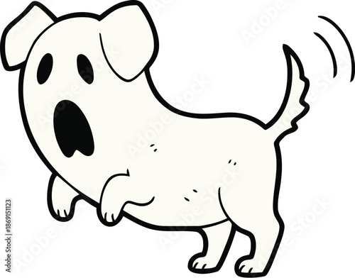 A playful and slightly startled cartoon ghost dog, depicted as a white, outlined canine with an open mouth, appearing to bark or yelp with its tail wagging.