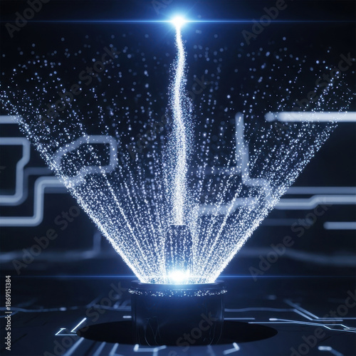 Glowing blue digital data stream bursting upward from a circuit board base with bright particles