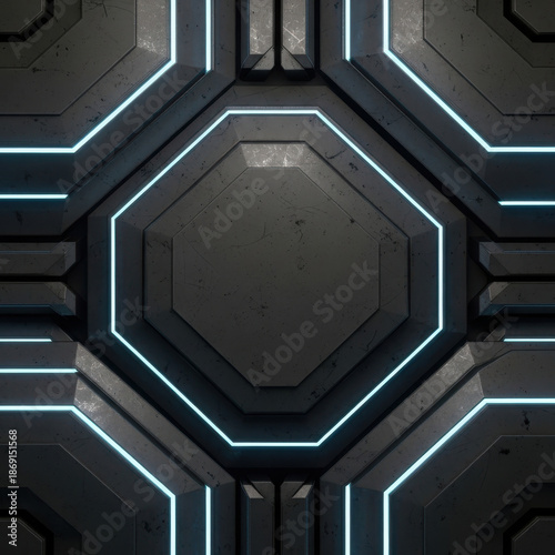 Hexagonal sci fi panel with blue neon lighting on dark metallic surface