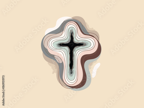 A profound black cross within concentric organic shapes in muted tones