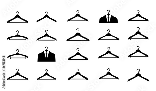 Fashion retail clothes hanger icon set black wardrobe symbols flat vector illustration