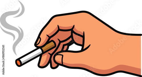 Hand holding a lit cigarette with smoke rising, vector illustration isolated on white background.