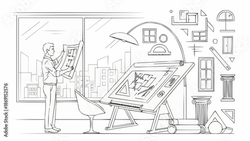 Architectural design process with blueprints and drafting table.