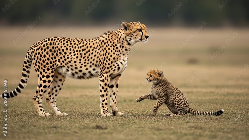 Fototapeta premium A cheetah and its cub playfully interact in a grassy savannah field with warm tones.