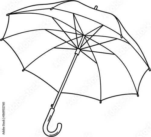 Open umbrella, black and white, line drawing, curved handle, umbrella ribs, canopy structure, simple sketch, educational design, flat vector illustration