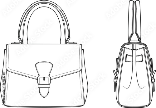 Handbag technical drawing, front and side view, structured design, flap closure, buckle detail, fashion sketch, product concept, flat vector illustration