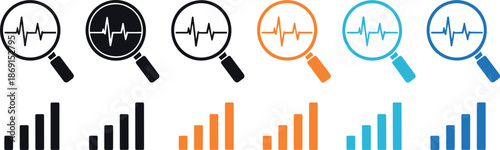 Business performance monitoring icons set illustrating analytics inspection, growth metrics, financial heartbeat signals, data evaluation, and strategic progress tracking concepts