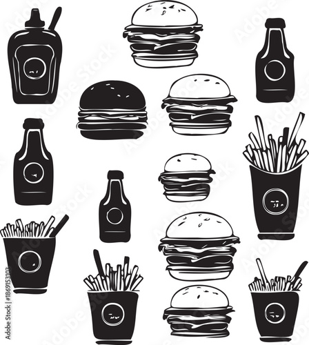 Fast food silhouette icon set. Burgers, pizza, and snacks flat icon on white background
