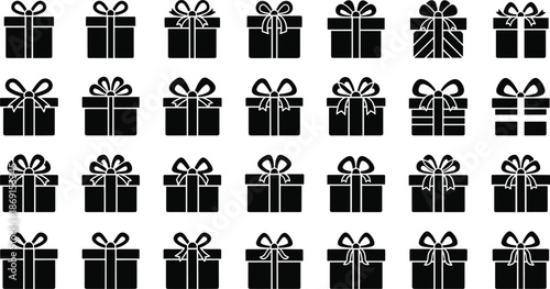 Gift box silhouette collection featuring various present packages with decorative bows and ribbons for birthday, Christmas, and holiday celebration flat vector illustration,