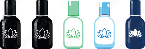 Cosmetic glass bottle icons set featuring beauty packaging with lotus symbol, skincare serum containers, wellness products, and modern personal care branding concepts