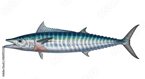 Detailed Wahoo Fish Illustration with Silver Stripes and Aqua Blue Accents isolated