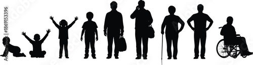 Human life cycle silhouette collection featuring crawling baby, playful children, active teenagers, adults, elderly with cane, and disabled person in wheelchair vector illustration,