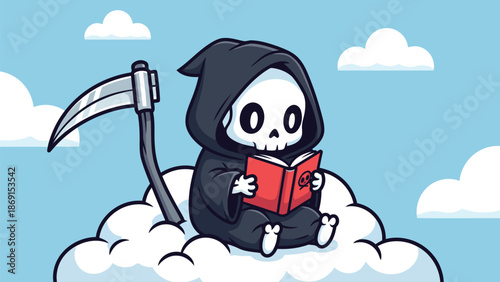 A tranquil cartoon grim reaper, dressed in a black robe, sits peacefully on a fluffy white cloud while engrossed in reading a small red book under a blue sky.
