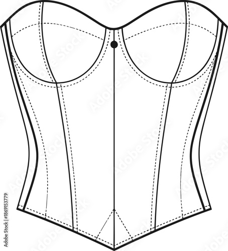 Women's strapless corset top technical fashion sketch, white vector illustration, apparel design, bodice clothing, cad drawing flat vector illustration,