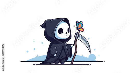 A delightful cartoon grim reaper, with an adorable expression, gently watches a colorful butterfly resting peacefully on the blade of its scythe.
