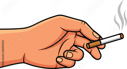 Hand holding a lit cigarette with smoke rising, vector illustration isolated on white background.