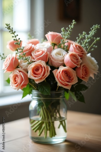 Rustic Wild Rose Bouquet in Glass Jar on Wooden Table