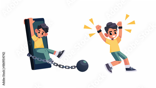 Cartoon boy breaking free from smartphone addiction